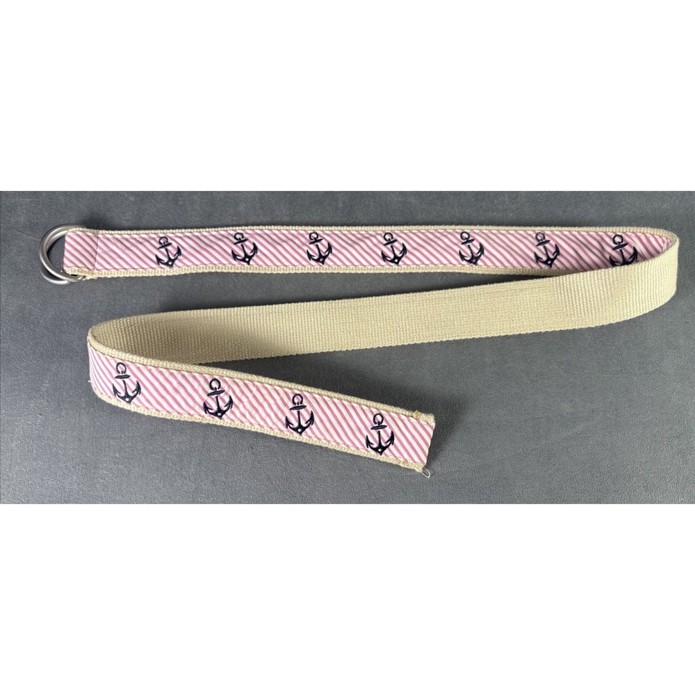 LL Bean‎ Anchor Nautical Ribbon Belt Size Med/Large Pink White D Ring 44" Long
